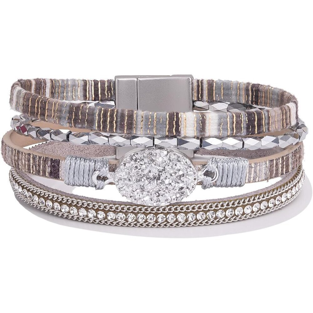 Leather Wrap Bracelet Boho Cuff Bangle Crystal Bead with Magnetic Clasp